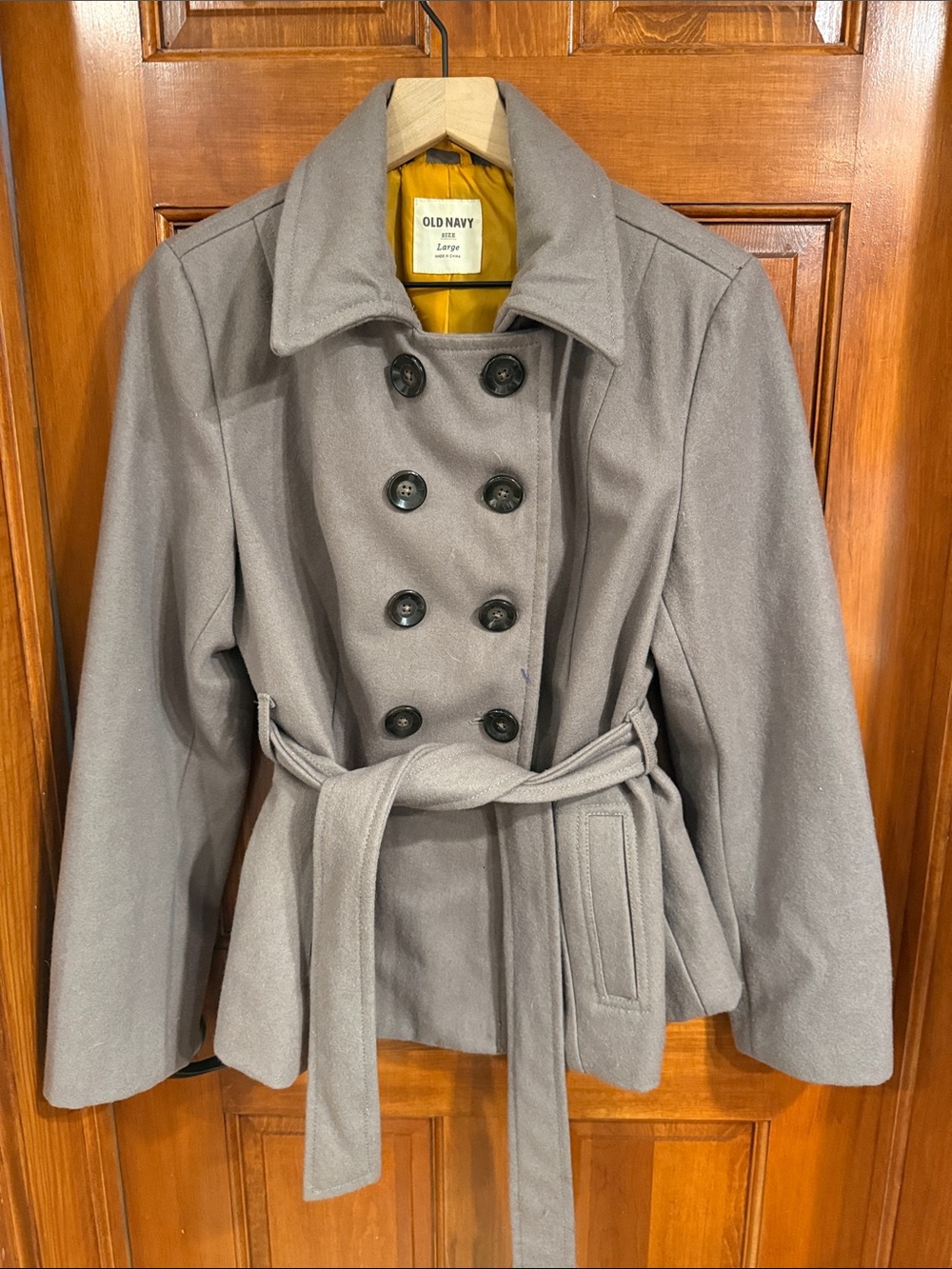 Old Navy Gray Double-Breasted Peacoat with Belted Waist